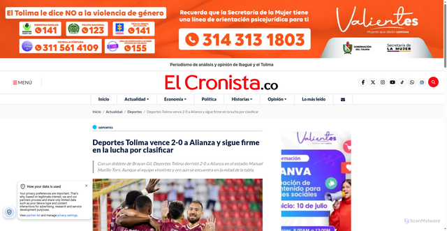 Security scan screenshot of https://elcronista.co/deportes/deportes-tolima-vence-2-0-a-alianza-y-sigue-firme-en-la-lucha-por-clasificar