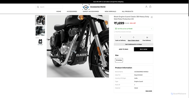 Security scan screenshot of https://accessoriezworld.com/Black-Engine-Guard-Classic-350-Heavy-Duty-Skid-Plate-Protection/catalogue/y2vfsZet/JMW94W3P