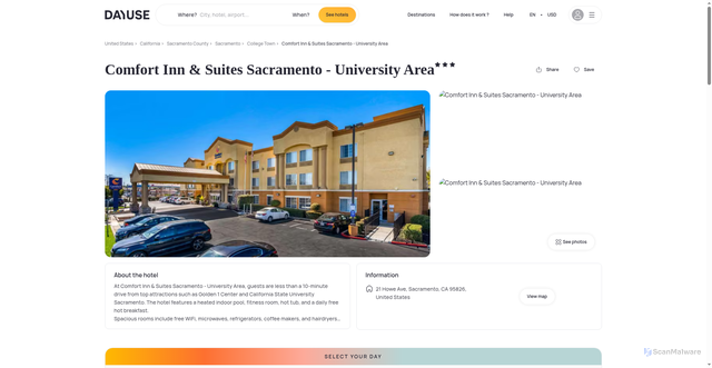 Security scan screenshot of https://www.dayuse.com/hotels/usa/comfort-inn-suites-sacramento-university-area