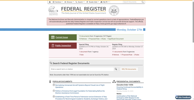 Security scan screenshot of https://www.federalregister.gov/