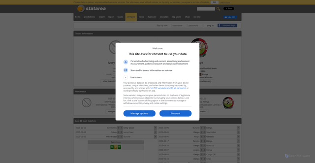 Security scan screenshot of https://old2.statarea.com/compare/teams/Ivory+Coast%20(Not%20defined)/Kenya%20(Kenya)