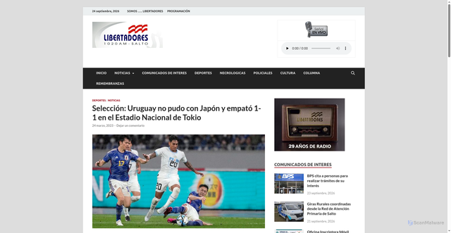Security scan screenshot of https://radiolibertadores.com/seleccion-uruguay-no-pudo-con-japon-y-empato-1-1-en-el-estadio-nacional-de-tokio/