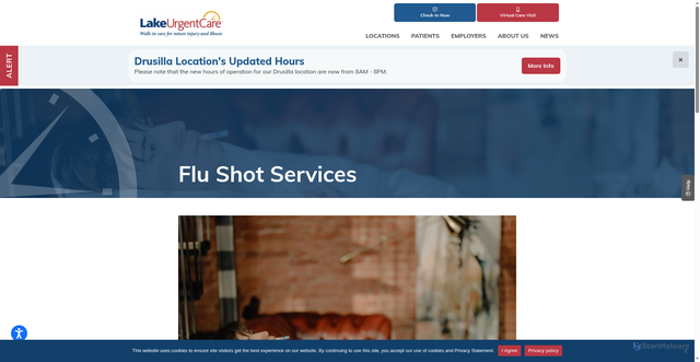 Security scan screenshot of https://lakeurgentcare.com/patients/flu-shot-services/