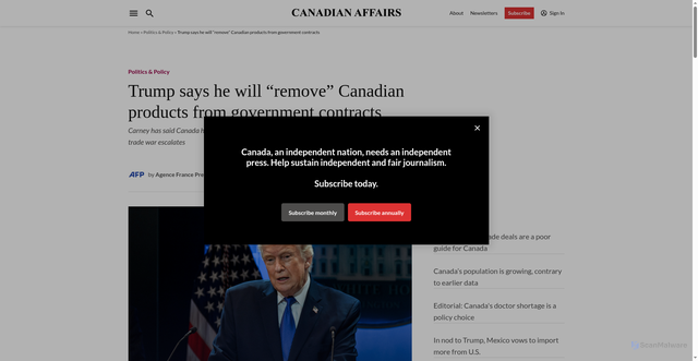 Security scan screenshot of https://www.canadianaffairs.news/2026/09/08/trump-says-he-will-remove-canadian-products-from-government-contracts/