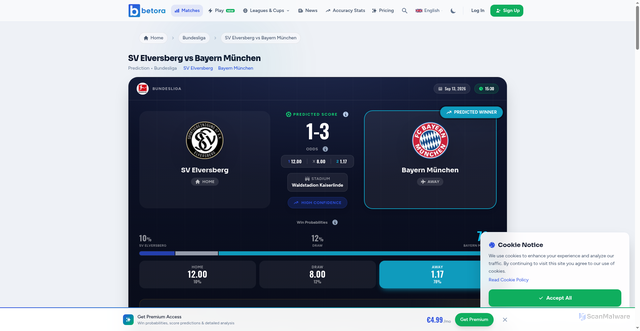 Security scan screenshot of https://betora.app/prediction/germany-bundesliga/bayern-munchen-vs-sv-elversberg