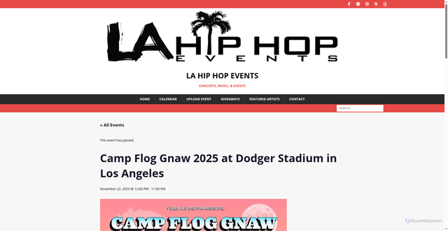 Security scan screenshot of https://lahiphopevents.com/event/camp-flog-gnaw-2025-at-dodger-stadium-in-los-angeles/