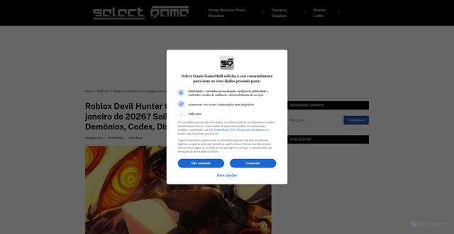 Security scan screenshot of https://selectgame.gamehall.com.br/roblox-devil-hunter-tem-codigos-ativos-em-janeiro-de-2026-saiba-mais-cacador-de-demonios-codes/