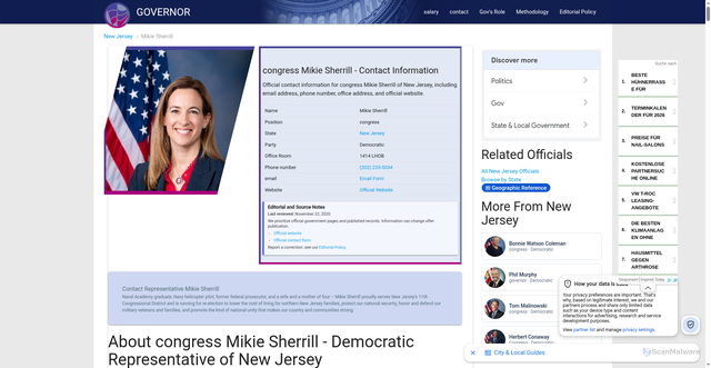 Security scan screenshot of https://contactgovernors.com/new-jersey/sherrill-mikie/