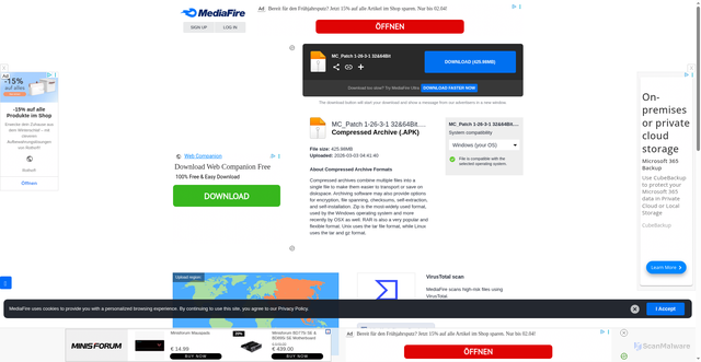 Security scan screenshot of https://www.mediafire.com/file/gtcdheq4a0tj5d1/MC_Patch_1-26-3-1_32%2664Bit.apk/file?dkey=ee6tkuyvfkx&r=1207