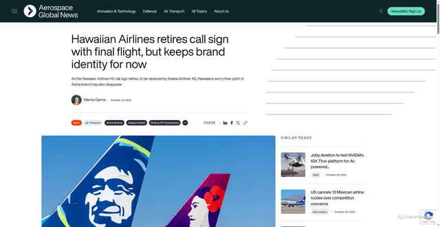 Security scan screenshot of https://aerospaceglobalnews.com/news/hawaiian-airlines-retires-call-sign-brand-identity/