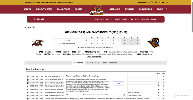 Security scan screenshot of https://norwichathletics.com/sports/baseball/stats/2026/saint-josephs-college-of-maine/boxscore/14593