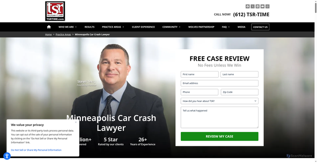 Security scan screenshot of https://www.tsrinjurylaw.com/areas/minneapolis/car-accident-lawyer/