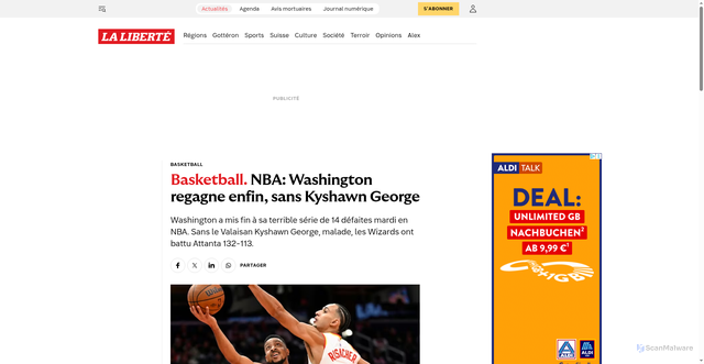 Security scan screenshot of https://www.laliberte.ch/articles/sports/basketball/nba-washington-regagne-enfin-sans-kyshawn-george-1251788?srsltid=AfmBOoplkwUmoN2lGyFPrsr56fZOY8F4CLVWevezF4meFBd0Uc4StNvr