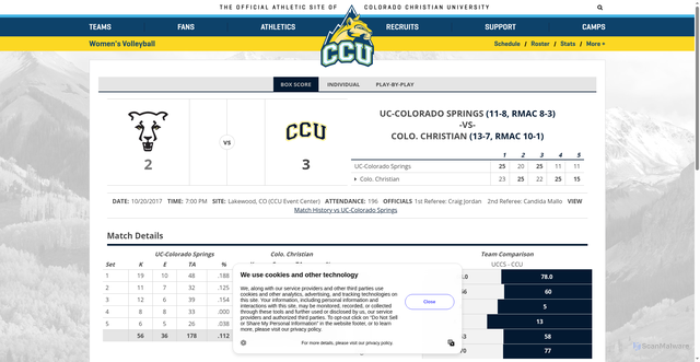 Security scan screenshot of https://ccucougars.com/sports/womens-volleyball/stats/2017/university-of-colorado-at-colorado-springs/boxscore/3270
