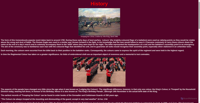 Security scan screenshot of http://www.trooping-the-colour.co.uk/trooping/history.htm
