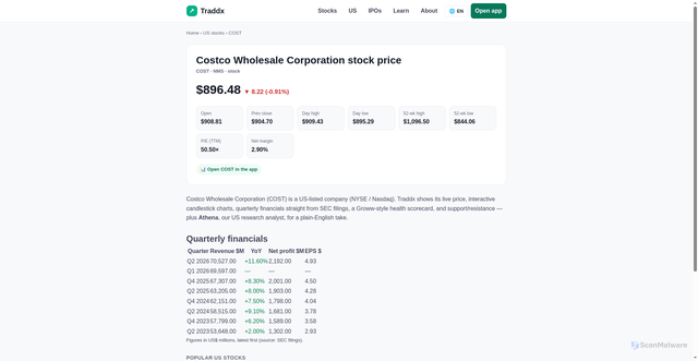 Security scan screenshot of https://traddx.us/us/stock/COST