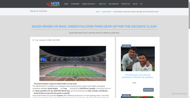 Security scan screenshot of https://misrconnect.com/en/news/sports-news/saudi-arabia-vs-iraq-green-falcons-fans-gear-up-for-the-decisive-clash