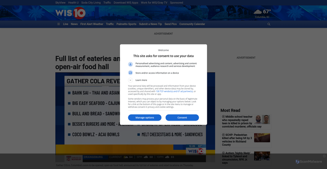 Security scan screenshot of https://www.wistv.com/2025/10/09/full-list-eateries-announced-columbias-first-open-air-food-hall/