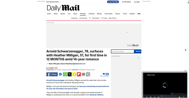 Security scan screenshot of https://www.dailymail.com/tvshowbiz/article-15775951/arnold-schwarzenegger-heather-milligan-seen-time-year.html