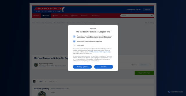Security scan screenshot of https://www.twobillsdrive.com/community/topic/261966-michael-palmer-article-in-su-paper-this-morning/