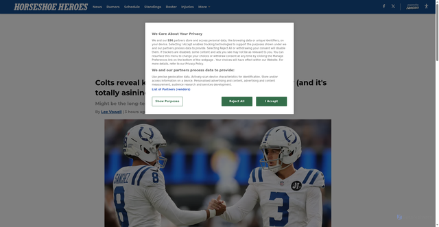 Security scan screenshot of https://horseshoeheroes.com/indianapolis-colts-reveal-kicker-plan-spencer-shrader-injury-its-totally-asinine