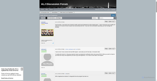 Security scan screenshot of https://aljdiscussion.proboards.com/thread/5405/public-service-loan-forgiveness