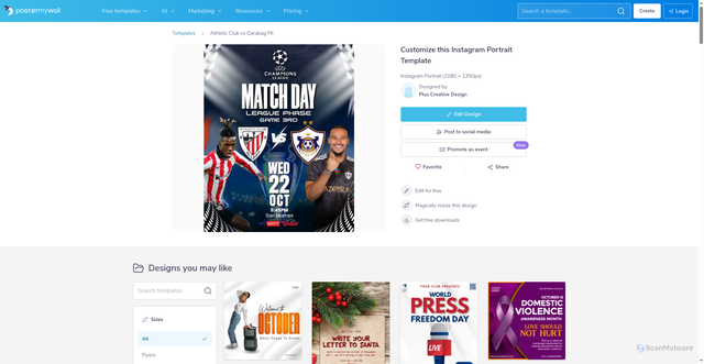 Security scan screenshot of https://www.postermywall.com/index.php/art/template/5aec412cb23336e0caa0160b66d08153/athletic-club-vs-qarabag-fk-design-template