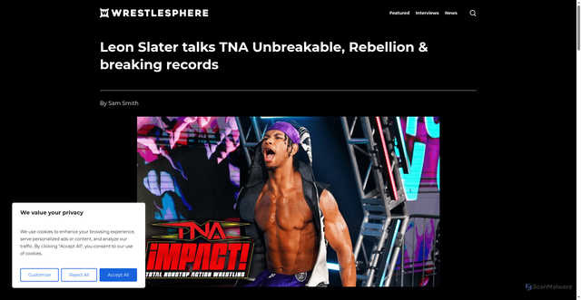 Security scan screenshot of https://wrestlesphere.com/leon-slater-talks-tna-unbreakable-rebellion-breaking-records/