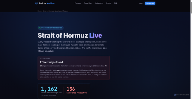 Security scan screenshot of https://straitupmaritime.com/strait-of-hormuz/live/