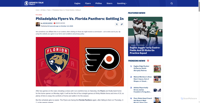 Security scan screenshot of https://www.sportstalkphilly.com/news/philadelphia-flyers-florida-panthers-game-preview-home-opener-10-13-2025/