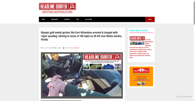 Security scan screenshot of https://www.headlinesurfer.com/content/olympic-gold-medal-sprinter-shacarri-richardson-arrested-charged-super-speeding-driving