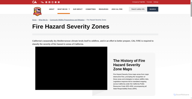 Security scan screenshot of https://osfm.fire.ca.gov/what-we-do/community-wildfire-preparedness-and-mitigation/fire-hazard-severity-zones