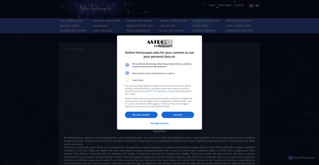 Security scan screenshot of https://astro.velida.net/astrology/daily-horoscope