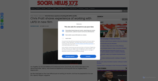 Security scan screenshot of https://www.socialnews.xyz/2025/10/25/chris-pratt-shares-experience-of-working-with-lapd-in-new-film/