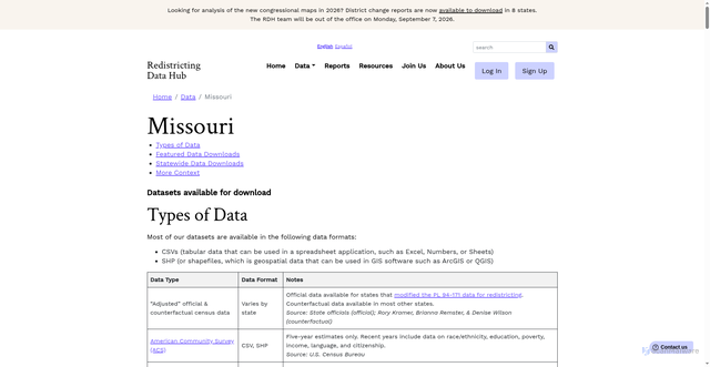 Security scan screenshot of https://redistrictingdatahub.org/state/missouri/
