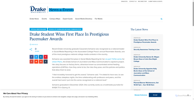 Security scan screenshot of https://news.drake.edu/2025/10/22/drake-student-wins-first-place-in-prestigious-pacemaker-awards/