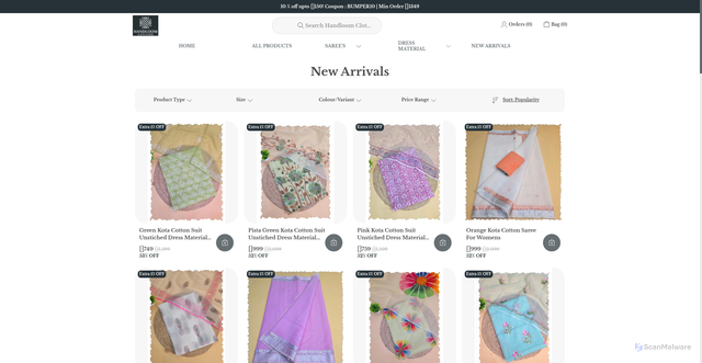 Security scan screenshot of https://handloomclothstore.com/collection/new-arrivals
