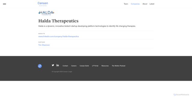 Security scan screenshot of https://www.canaan.com/companies/halda-therapeutics