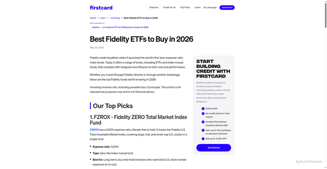 Security scan screenshot of https://www.firstcard.app/learn/best-fidelity-etfs