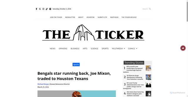 Security scan screenshot of https://theticker.org/13731/sports/bengals-star-running-back-joe-mixon-traded-to-houston-texans/