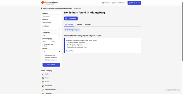 Security scan screenshot of https://mirkleinanzeigen.de/de/mittagsberg-c15253648