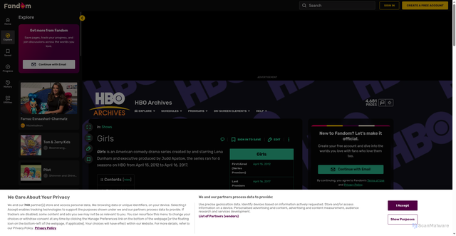 Security scan screenshot of https://hbo-archives.fandom.com/wiki/Girls