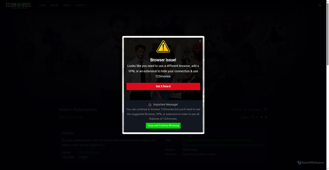 Security scan screenshot of https://moviezluv.com/movie/1136867/materialists