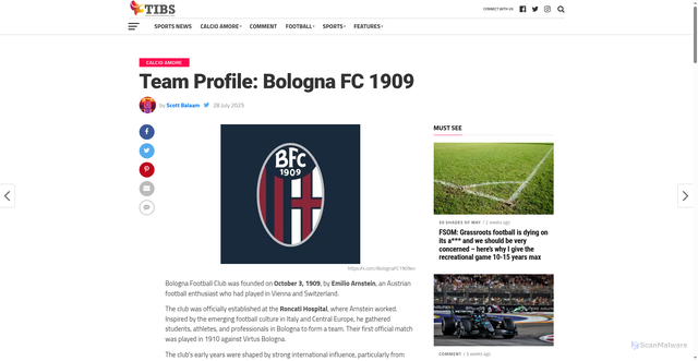 Security scan screenshot of https://www.tibsnews.co.uk/calcio-amore/team-profiles/bologna-football-club-was-founded-on-october-3-1909-by-emilio-arnstein-an-austrian-football-enthusiast-who-had-played-in-vienna-and-switzerland/