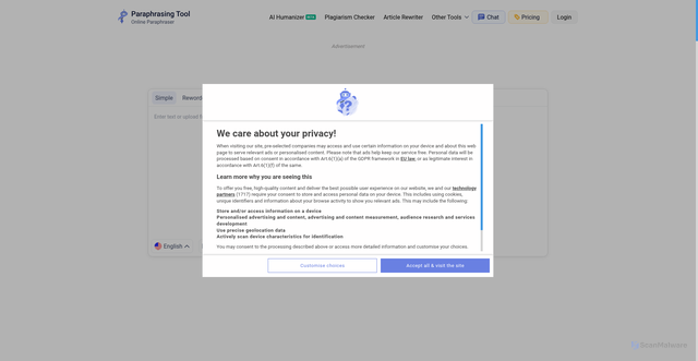 Security scan screenshot of https://paraphrasing.io