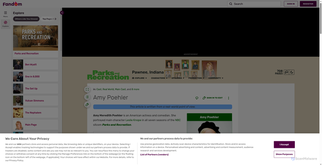 Security scan screenshot of https://parksandrecreation.fandom.com/wiki/Amy_Poehler