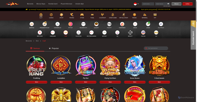 Security scan screenshot of https://haha388lucky.com/games/slot/cq9