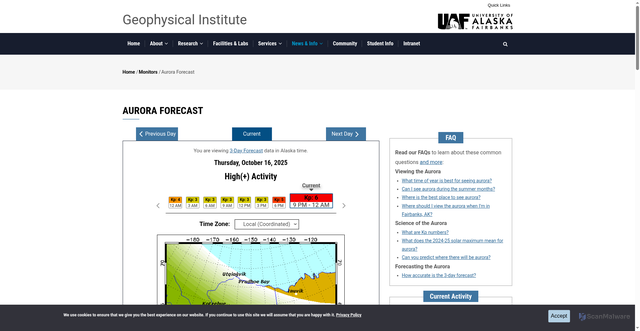 Security scan screenshot of https://www.gi.alaska.edu/monitors/aurora-forecast