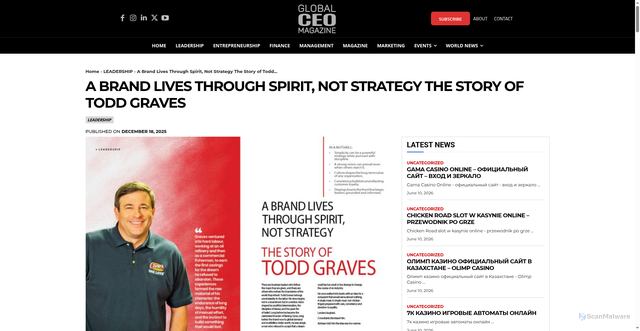Security scan screenshot of https://globalceomag.com/a-brand-lives-through-spirit-not-strategy-the-story-of-todd-graves/