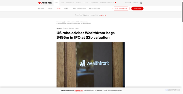 Security scan screenshot of https://www.techinasia.com/news/us-robo-adviser-wealthfront-bags-486m-in-ipo-at-2b-valuation